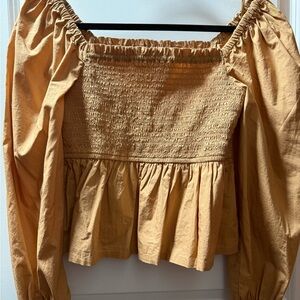 J. Crew Gold Puff Sleeve Smocked Blouse